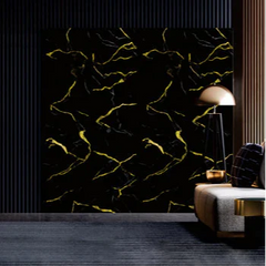 Modern interior design with abstract wall art and minimal furniture.