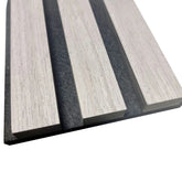 Close-up of a strip of composite decking with alternating gray and beige stripes on a white background.