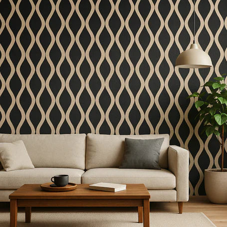 Living room with a beige sofa, wooden coffee table, and decorative wall pattern.