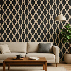 Living room with a beige sofa, wooden coffee table, and decorative wall pattern.
